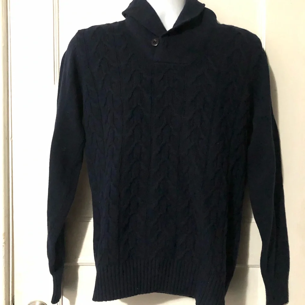 Ben Sherman Sweater Pullover Shawl Collar Blue Lambswool Cable Knit Sz Small